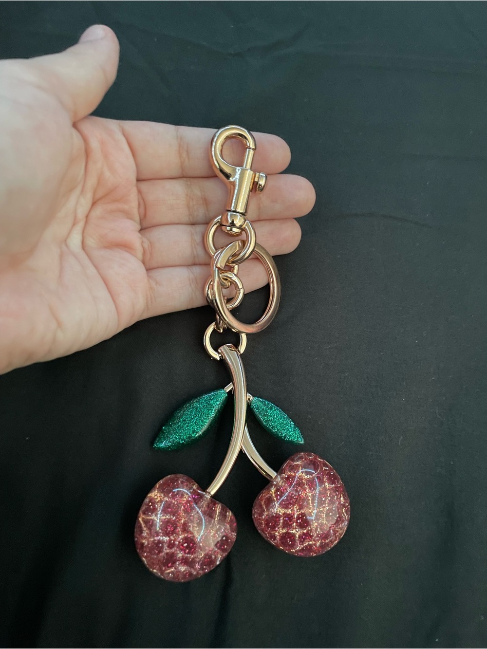 Gold Cherry Keychain with Green Leaves